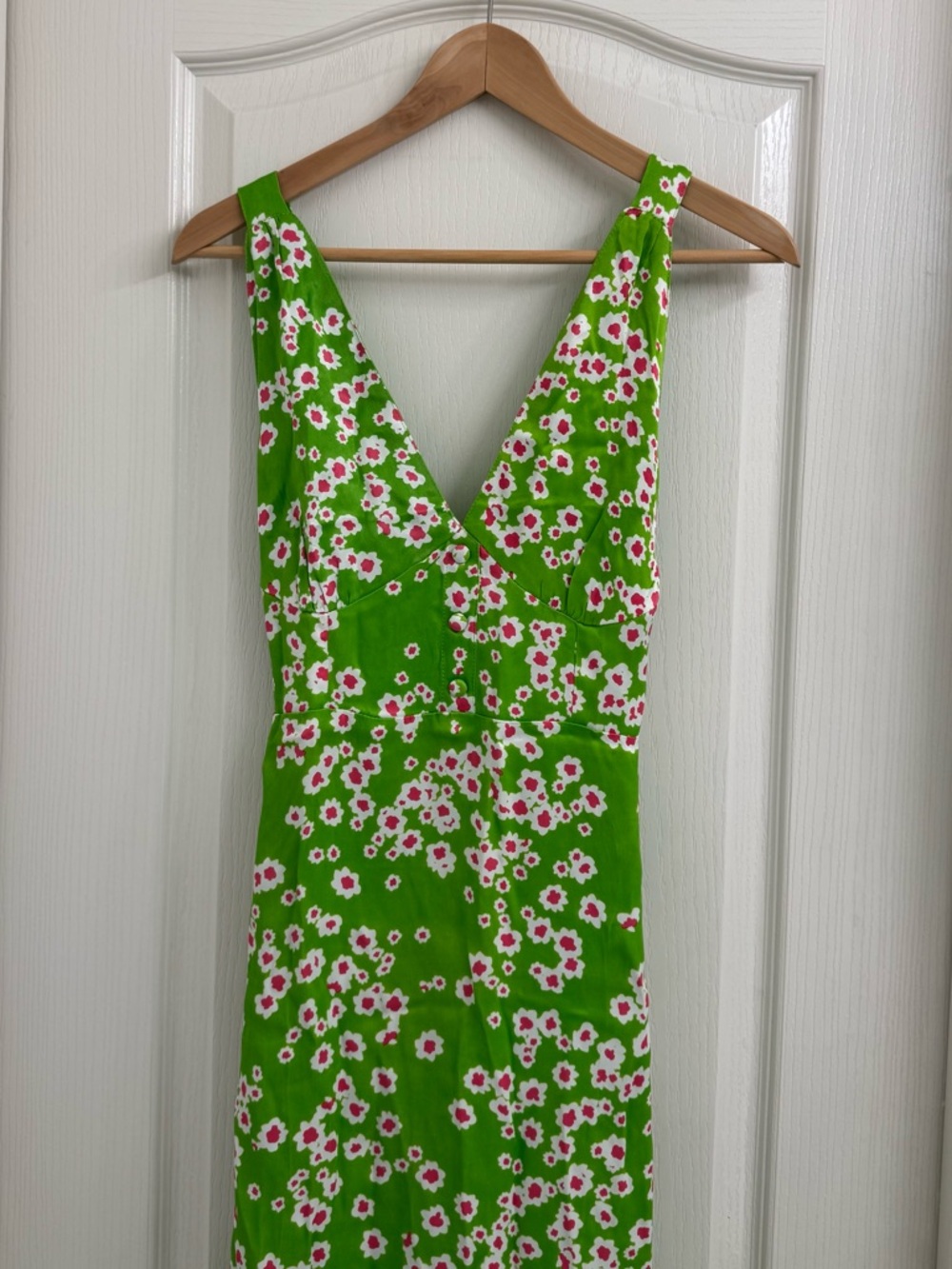 Faithfull the Brand Green Floral Midi Dress with Pink & White Flowers